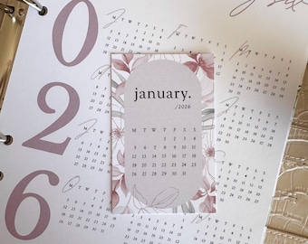 Printable 2026 Monthly Calendar Planner Cards - Monday Start - Floral Beige