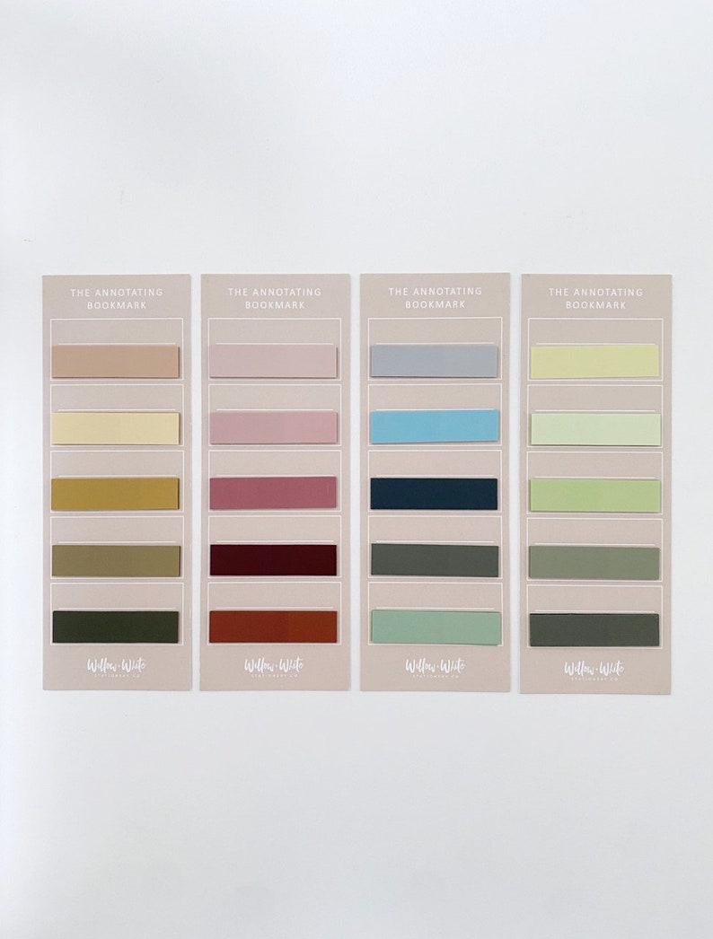 May include: Four sets of colorful bookmark tabs with the text "The Annotating Bookmark" and "Willow-White" printed on each set. The colors include beige, yellow, gold, green, pink, red, brown, blue, gray, and light green.
