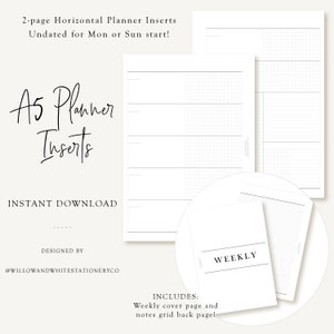 Printable A5 Minimal Weekly Planner Inserts - Week on 2 pages Horizontal Printable Planner Inserts