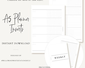 May include: A5 planner inserts with a weekly cover page and a notes grid back page. The text "2-page Horizontal Planner Inserts Undated for Mon or Sun start!" is at the top of the page. The text "A5 Planner Inserts" is in a handwritten font. The text "INSTANT DOWNLOAD" is below the handwritten text. The text "DESIGNED BY @WILLOWANDWHITESTATIONERYCO" is at the bottom of the page. The text "INCLUDES: Weekly cover page and notes grid back page!" is at the bottom of the page. The text "WEEKLY" is on the weekly cover page.