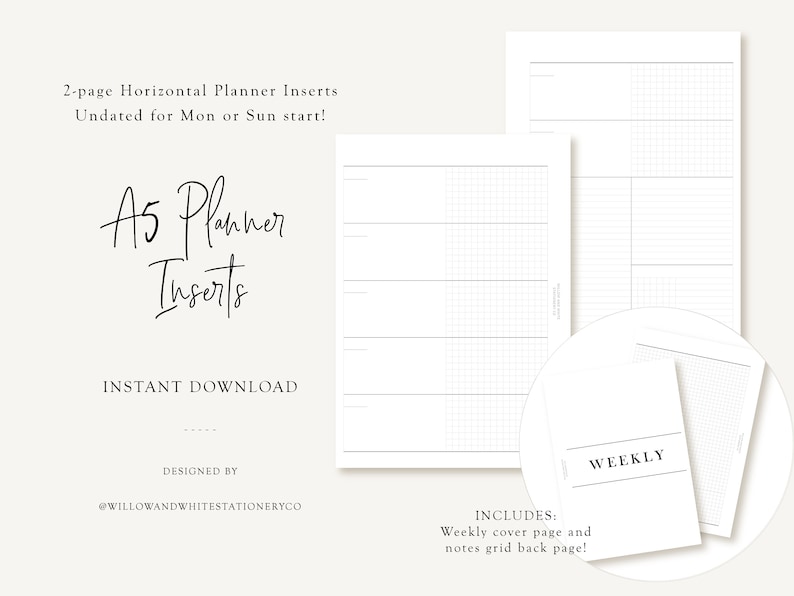 Printable A5 Minimal Weekly Planner Inserts - Week on 2 Pages ...