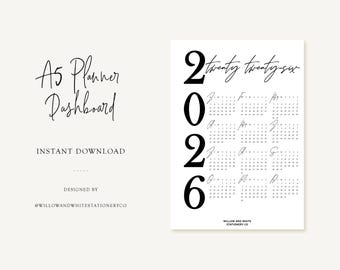 Printable A5 2026 Monochrome Calendar Planner Dashboard - MONDAY Start - Printable Planner Dashboard
