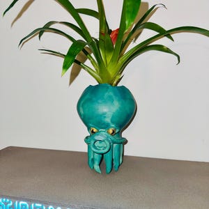 Op de afbeelding: Een turquoise keramische octopus-planter met een groene plant met lange, slanke bladeren en een kleine rode bloem. De octopus-planter heeft gouden ogen en tentakels. De planter staat op een grijze plank.