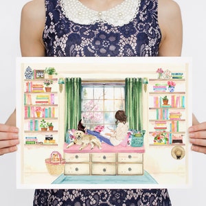 Reading Girl in Her Library Art Print, Labrador art, Girly Book Lover Gift, Book Painting, Book Club Exchange Gift, Library Watercolor image 1