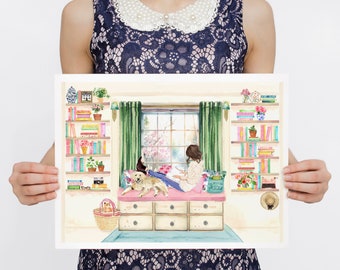 Reading Girl in Her Library Art Print, Labrador art, Girly Book Lover Gift, Book Painting, Book Club Exchange Gift, Library Watercolor