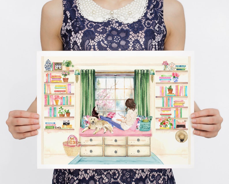 Reading Girl in Her Library Art Print, Labrador art, Girly Book Lover Gift, Book Painting, Book Club Exchange Gift, Library Watercolor image 1