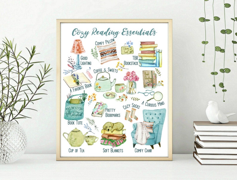 Cozy Reading Essentials, Literary Art Print, Gift for readers, Book Lover Gift for Bookworm, Literary wall art decor, Bookworm essentials image 5