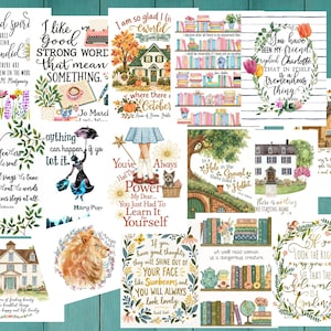 May include: A collection of rectangular art prints featuring literary quotes and illustrations, including houses, bookshelves, floral wreaths, a lion, and characters like Mary Poppins and Dorothy, all displayed on a teal wooden background.