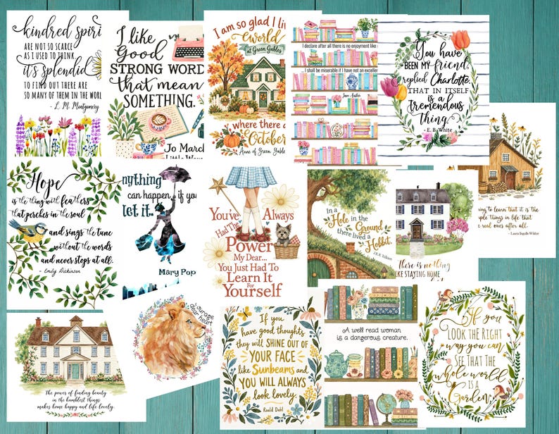 May include: A collection of rectangular art prints featuring literary quotes and illustrations, including houses, bookshelves, floral wreaths, a lion, and characters like Mary Poppins and Dorothy, all displayed on a teal wooden background.