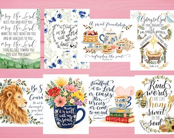 May include: A collection of eight rectangular art prints featuring watercolor illustrations and inspirational text. Designs include floral patterns, a lion, a tea set, a nativity scene, and various religious quotes written in decorative script.