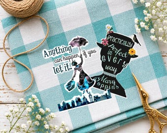 Mary Poppins Stickers: "Practically " Quote, Flying Silhouette Vinyl Decals
