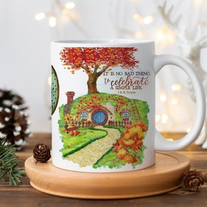 Watercolor Hobbit house mug, Lord of the Rings quotes Mug, Fall Hobbit House, Autumn Hobbit hole, LOTR quotes, Tolkien quotes image 9