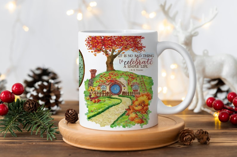 Watercolor Hobbit house mug, Lord of the Rings quotes Mug, Fall Hobbit House, Autumn Hobbit hole, LOTR quotes, Tolkien quotes image 9