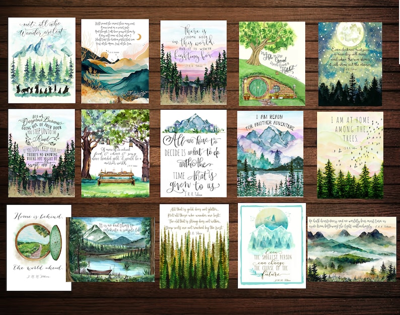 J. R. R. Tolkien collection, Se of 16 Postcards, Lord of the Rings decor, Literary print Gift for Reader, LOTR books, LOTR wall art image 1