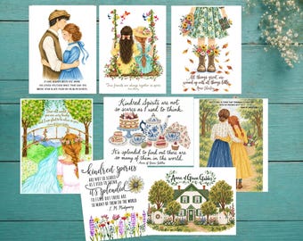 May include: A collection of eight rectangular art prints featuring watercolor illustrations inspired by Anne of Green Gables. The prints depict characters, landscapes, and tea party scenes with various quotes from the book series written in cursive script.