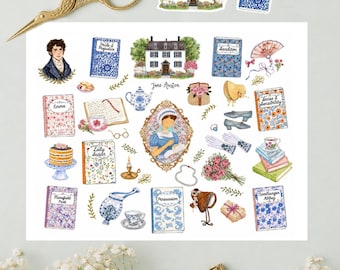 May include: A collection of stickers and decorative items with a literary theme. The stickers feature illustrations of Jane Austen's novels, portraits, and related accessories. Gold scissors and a paper clip are also included.