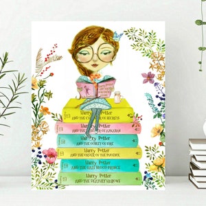 Watercolor Bookworm reading while sitting on top of books, Custom Bookworm Illustration, gift for bookworm, Literary wall art decor