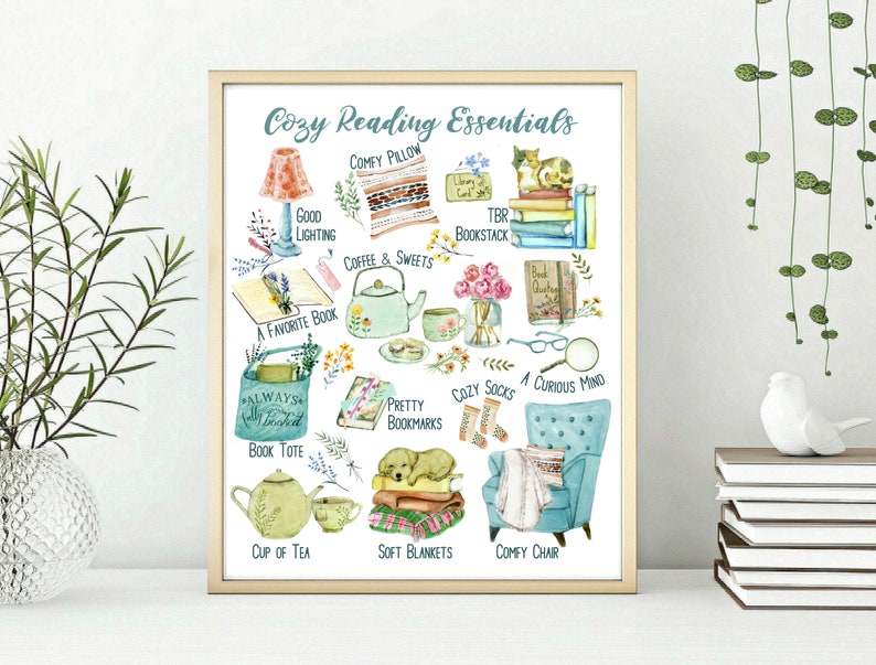 Cozy Reading Essentials, Literary Art Print, Gift for readers, Book Lover Gift for Bookworm, Literary wall art decor, Bookworm essentials image 8