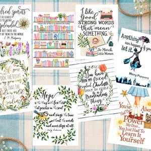 May include: A collection of seven rectangular art prints featuring literary quotes and illustrations, including a bookshelf, Mary Poppins, Dorothy from The Wizard of Oz, floral wreaths, and birds, all displayed on a blue and white plaid background.