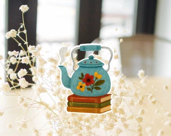 Teal Tea Pot, Vinyl Sticker, Teapot and books, Bookish Sticker, Little Bird Reading