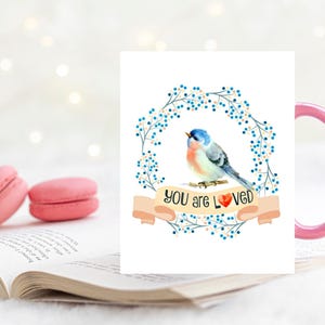 Aquarel vogel schilderen, citaat You are loved, cadeau voor geliefde, verjaardagskaart met quote You are loved