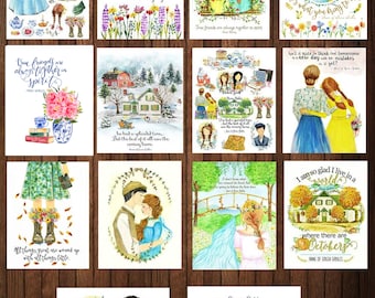 Set of 14 postcards, Kindred Spirits Art, Anne and Gilbert- Watercolor Anne of Green Gables Print, Anne of Green Gables Postcards