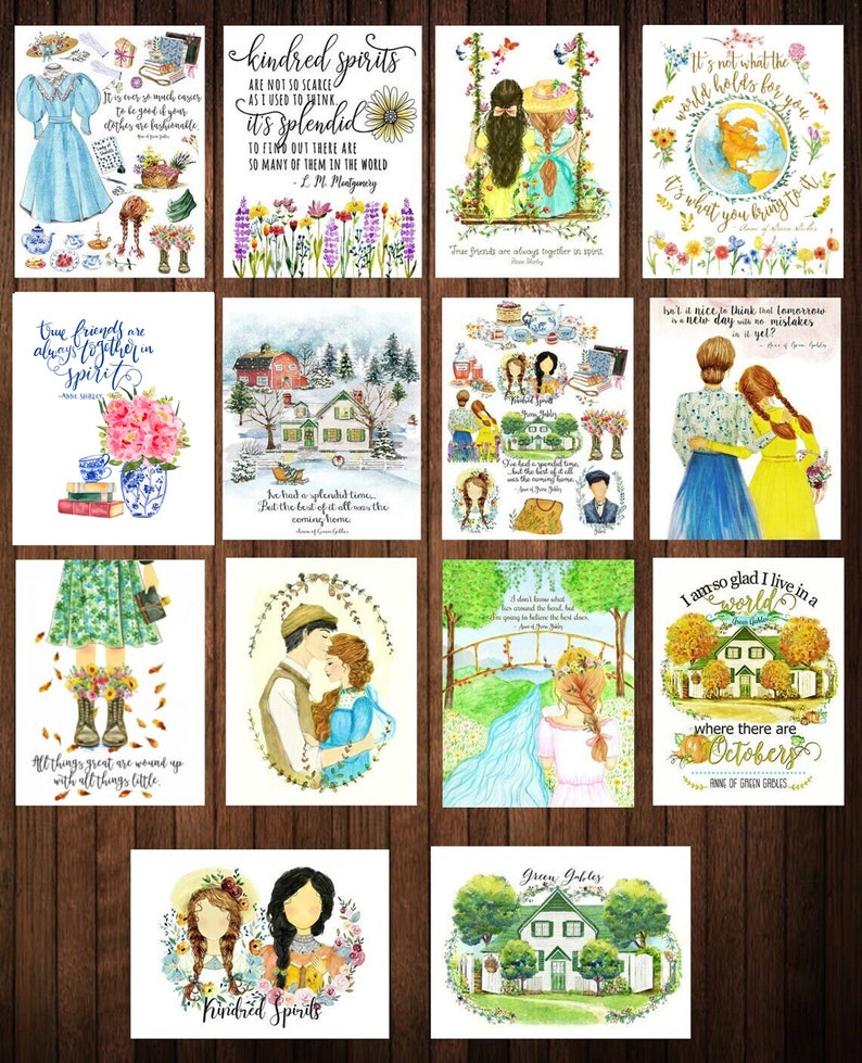 Set of 14 postcards, Kindred Spirits Art, Anne and Gilbert Watercolor Anne of Green Gables Print, Anne of Green Gables Postcards image 1