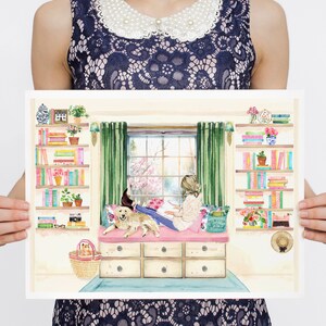Reading Girl in Her Library Art Print, Labrador art, Girly Book Lover Gift, Book Painting, Book Club Exchange Gift, Library Watercolor image 10