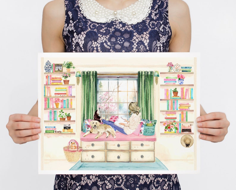 Reading Girl in Her Library Art Print, Labrador art, Girly Book Lover Gift, Book Painting, Book Club Exchange Gift, Library Watercolor image 10