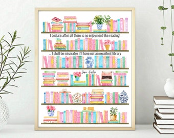 Jane Austen Quote Watercolor Bookshelves Print (Digital Download)