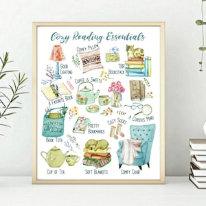 Cozy Reading Essentials, Literary Art Print, Gift for readers, Book Lover Gift for Bookworm, Literary wall art decor, Bookworm essentials