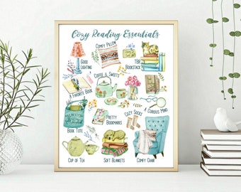 Cozy Reading Essentials, Literary Art Print, Cadeau pour les lecteurs, Book Lover Gift for Bookworm, Literary wall art decor, Bookworm essentials