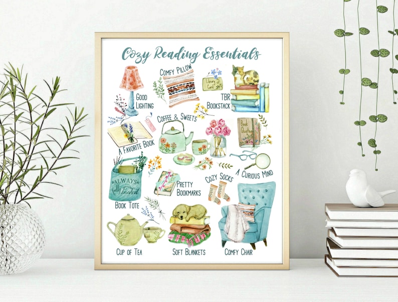 Cozy Reading Essentials, Literary Art Print, Gift for readers, Book Lover Gift for Bookworm, Literary wall art decor, Bookworm essentials image 1