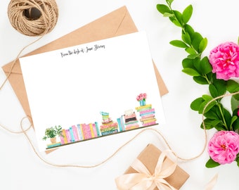 Tarjetas de papelería personalizadas: Libros y plantas de notas fijas, personalizadas, acuarela, personalizadas, dibujantes, chicas, libros