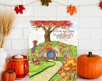 Watercolor hobbit hole in fall, Lord of the Rings decor, Hobbiton in fall, Literary print Gift for Reader, Hobbit hole in Autumn