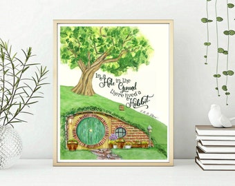 Casa hobbit acuarela con o sin cita. J. R. R. Tolkien cita la decoración de El señor de los anillos, Impresión literaria Regalo para lectores, libros LOTR