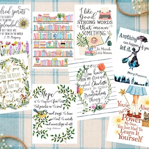 May include: A collection of seven rectangular art prints featuring literary quotes and illustrations, including a bookshelf, Mary Poppins, Dorothy from The Wizard of Oz, floral wreaths, and birds, all displayed on a blue and white plaid background.