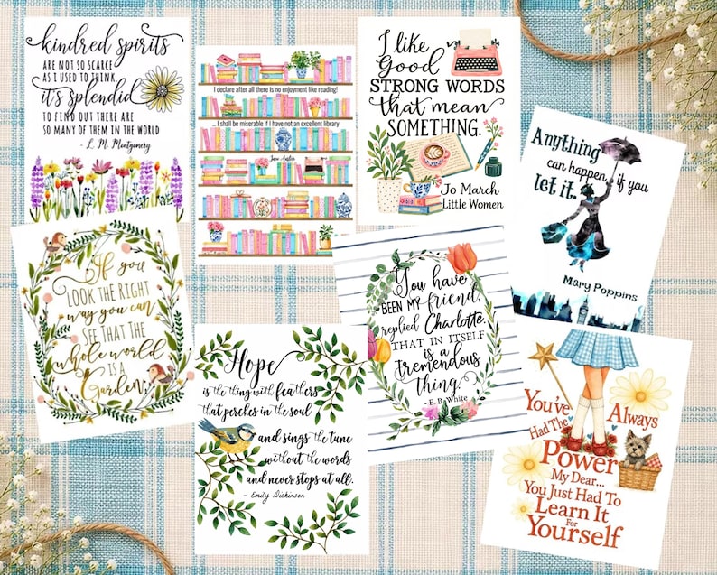 May include: A collection of seven rectangular art prints featuring literary quotes and illustrations, including a bookshelf, Mary Poppins, Dorothy from The Wizard of Oz, floral wreaths, and birds, all displayed on a blue and white plaid background.