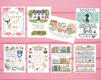 May include: A collection of eight rectangular art prints featuring watercolor illustrations and quotes by Jane Austen. The designs include depictions of a house, tea sets, bookshelves, a dress, and floral motifs with text in various fonts and colors.