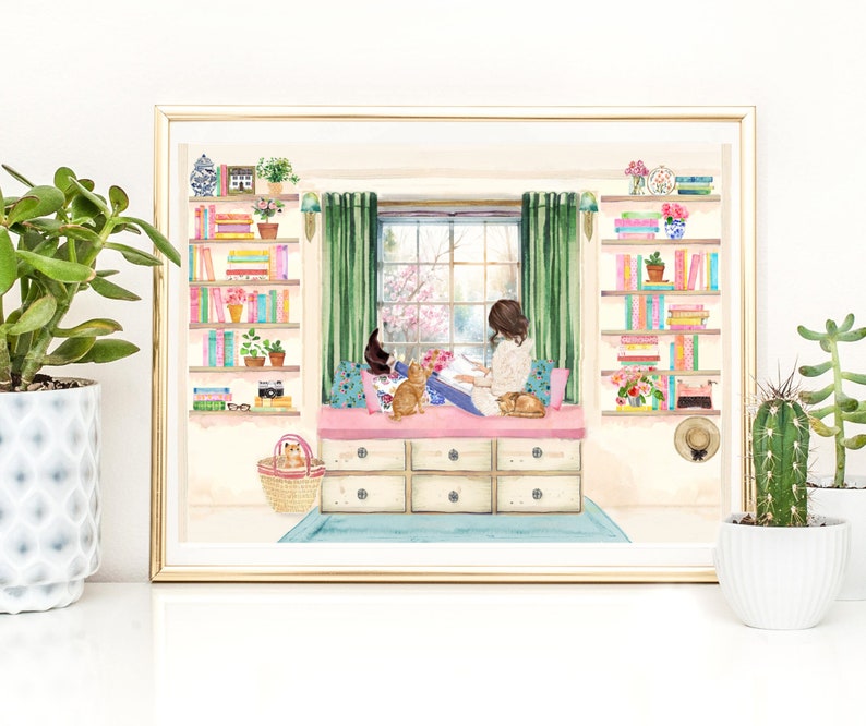 Reading Girl in Her Library Art Print, Labrador art, Girly Book Lover Gift, Book Painting, Book Club Exchange Gift, Library Watercolor image 8