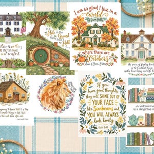 May include: A collection of eight rectangular art prints featuring watercolor illustrations of houses, a lion, and bookshelves, each accompanied by literary quotes including text from Jane Austen, J.R.R. Tolkien, and Roald Dahl.