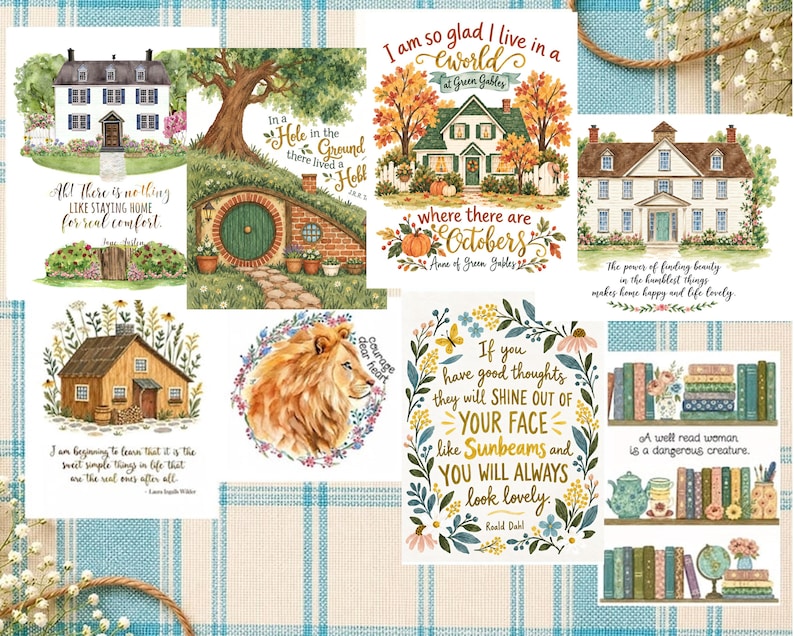 May include: A collection of eight rectangular art prints featuring watercolor illustrations of houses, a lion, and bookshelves, each accompanied by literary quotes including text from Jane Austen, J.R.R. Tolkien, and Roald Dahl.