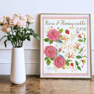 June Birth Flower Print, June Birth Month Flower, Watercolor Roses, Honeysuckle Print, Rose Flower Art Print, Honeysuckle Art Print