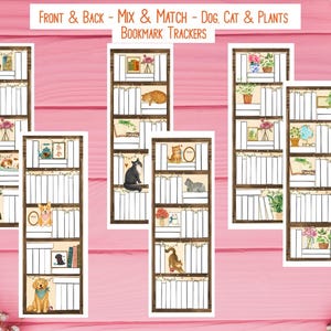 Marcapáginas de acuarela con diseños de perros, gatos y plantas para lectores.