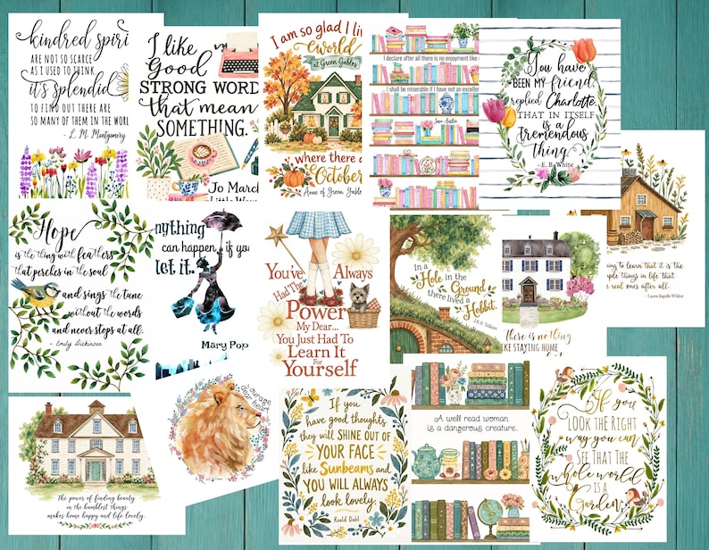 May include: A collection of rectangular art prints featuring literary quotes and illustrations. The designs include houses, bookshelves, floral wreaths, a lion, and characters from classic stories, all rendered in a watercolor style with text.