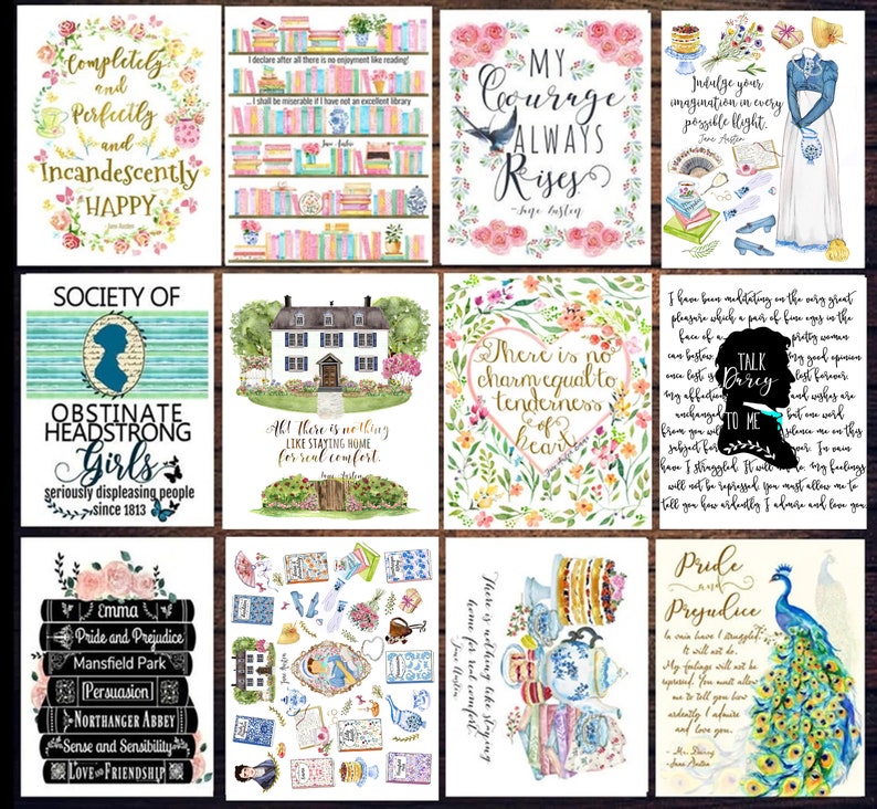 Set of 12 Jane Austen postcards, Jane Austen Gift, Literary Art Print, Bookish Gift for Her, Jane Austen quotes image 9