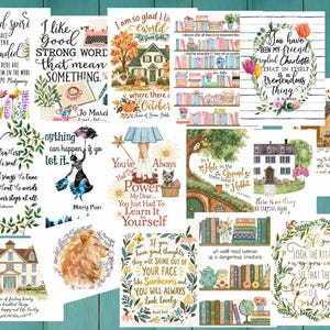 May include: A collection of rectangular art prints featuring literary quotes and illustrations, including houses, bookshelves, floral wreaths, a lion, and characters like Mary Poppins and Dorothy, all displayed on a teal wooden background.