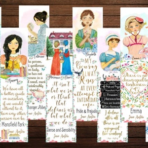 Set of 6 or 8 Jane Austen Heroines, Jane Austen Literary bookmarks, Pride and Prejudice Quote,  Gift for reader, gift for reader