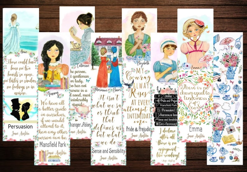 Jane Austen Heroines, Jane Austen Literary bookmarks, Pride and Prejudice Quote, Book Lover Gift for English Major, Gift for reader image 1