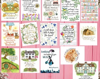 May include: A collection of watercolor art prints featuring inspirational quotes and literary themes. The prints showcase various designs, including floral arrangements, houses, and characters from classic stories. The color palette includes soft pastels and vibrant hues.